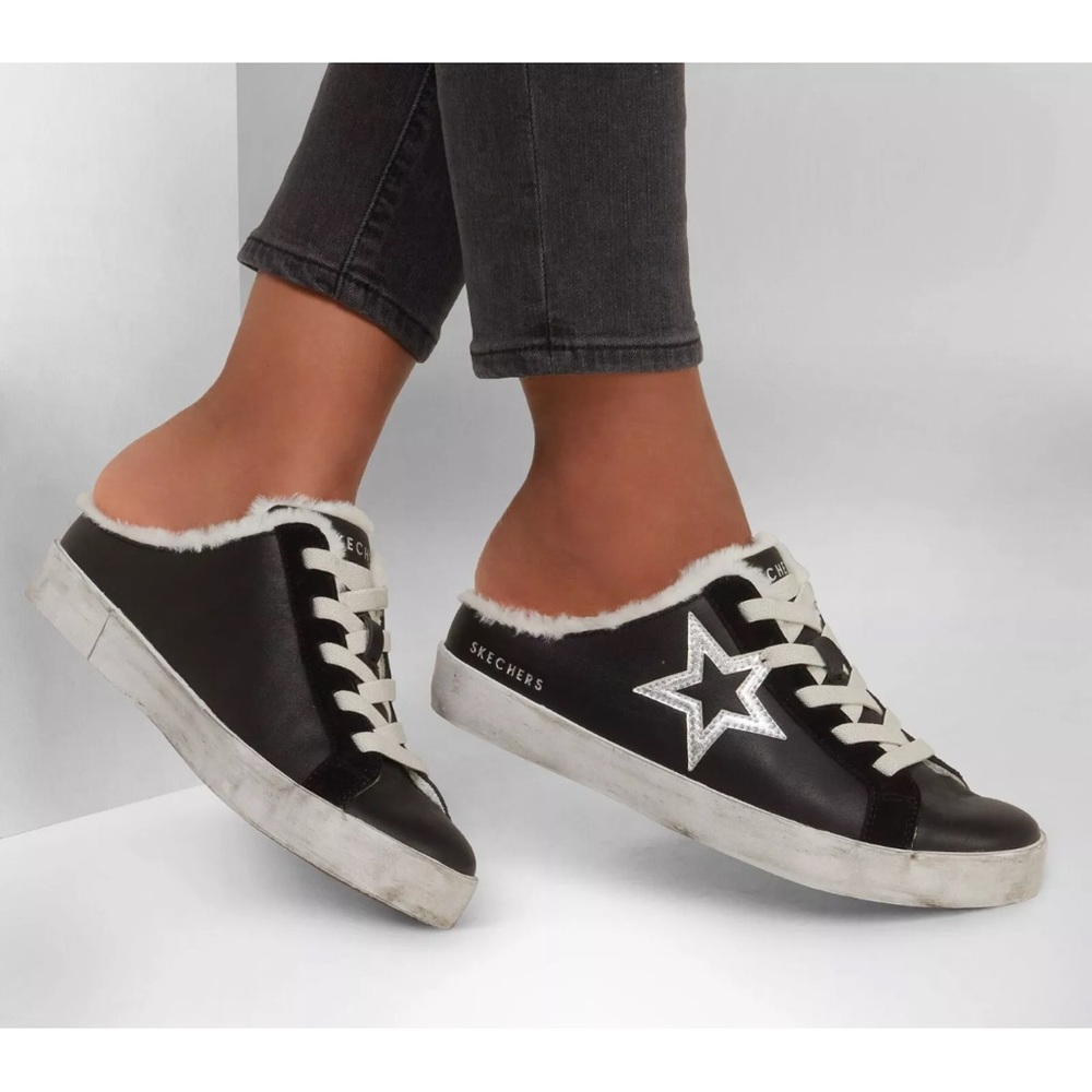 Women’s Skechers diamond star wear-ever black leather sneaker, slip on shoe